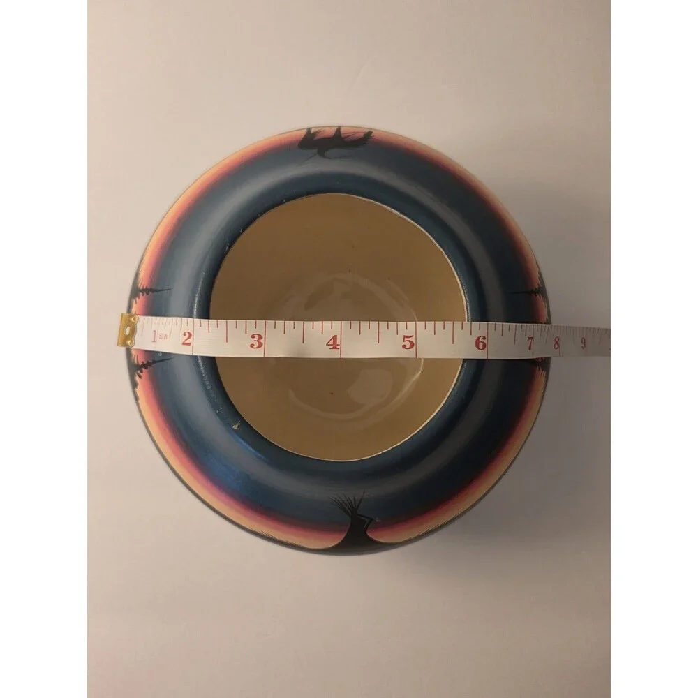 Navajo End Of The Trail Art Pottery Decorative Bowl, Hand-Painted Blue w Sunset.